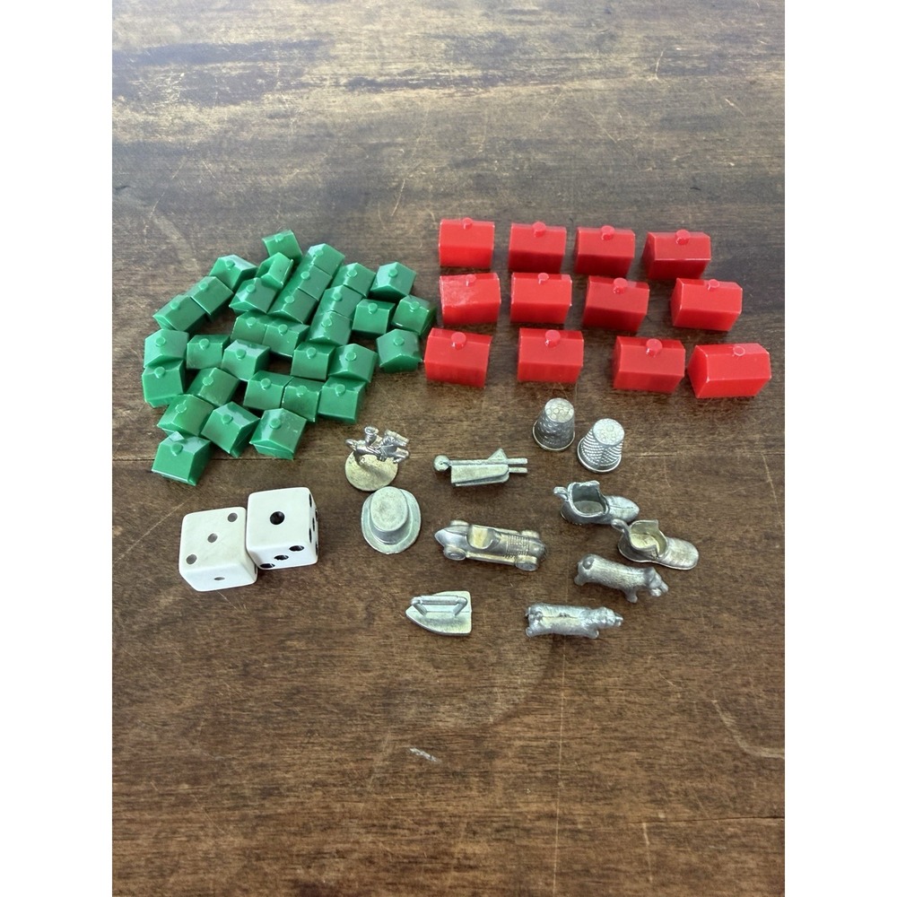 Vintage Monopoly Replacement Pieces Lot Metal Tokens 12 Hotels 32 Houses Dice